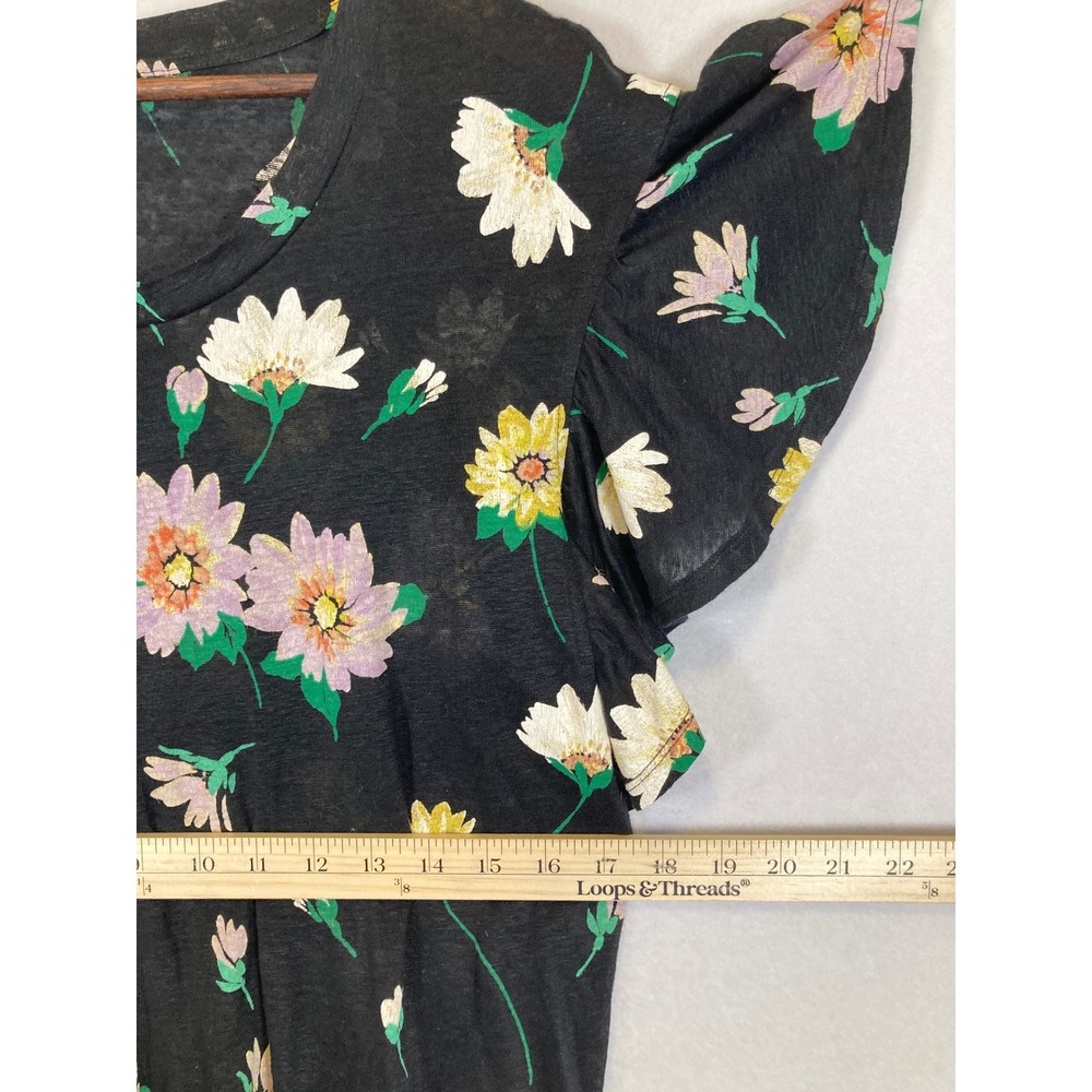 Cottagecore LOFT Women Size S Black Floral 100% Linen Flutter Sleeve Scoop Neck - Picture 6 of 9